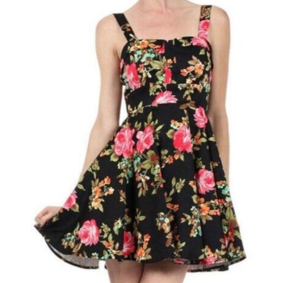 Ixia retro black pink floral spring fling fit and flare sleeveless mini dress - Picture 1 of 12